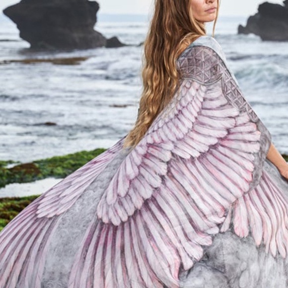 Bohemian Feather Wings Geo Print Kimono Beach Cover up - Picture 7 of 13